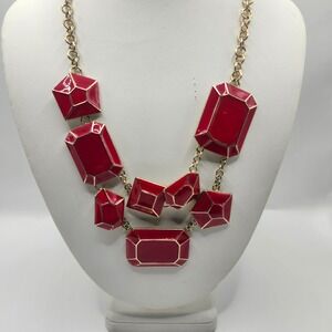Red Enamel Geometric Statement Necklace Gold Tone Chain Bib Style Bold Chunky